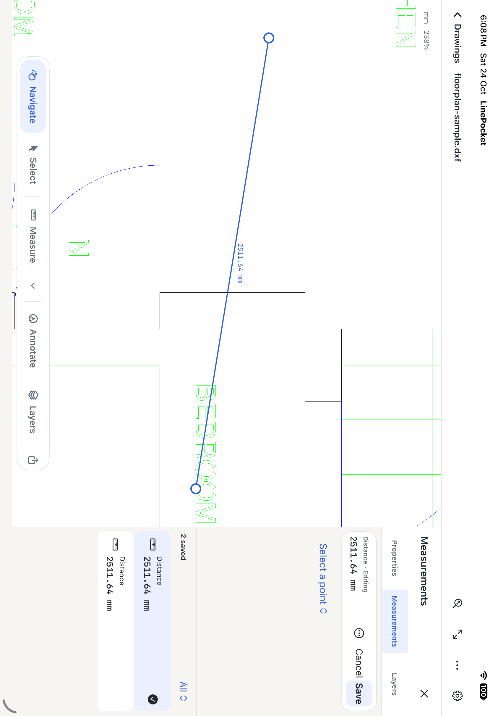 LinePocket development build in iPad landscape with a wide drawing canvas, floating tool dock and right-side Measurements inspector