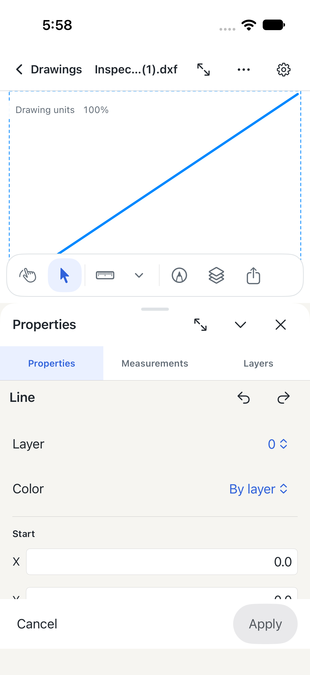 Development build showing a selected source line with editable layer, color and coordinates, plus Apply and Cancel